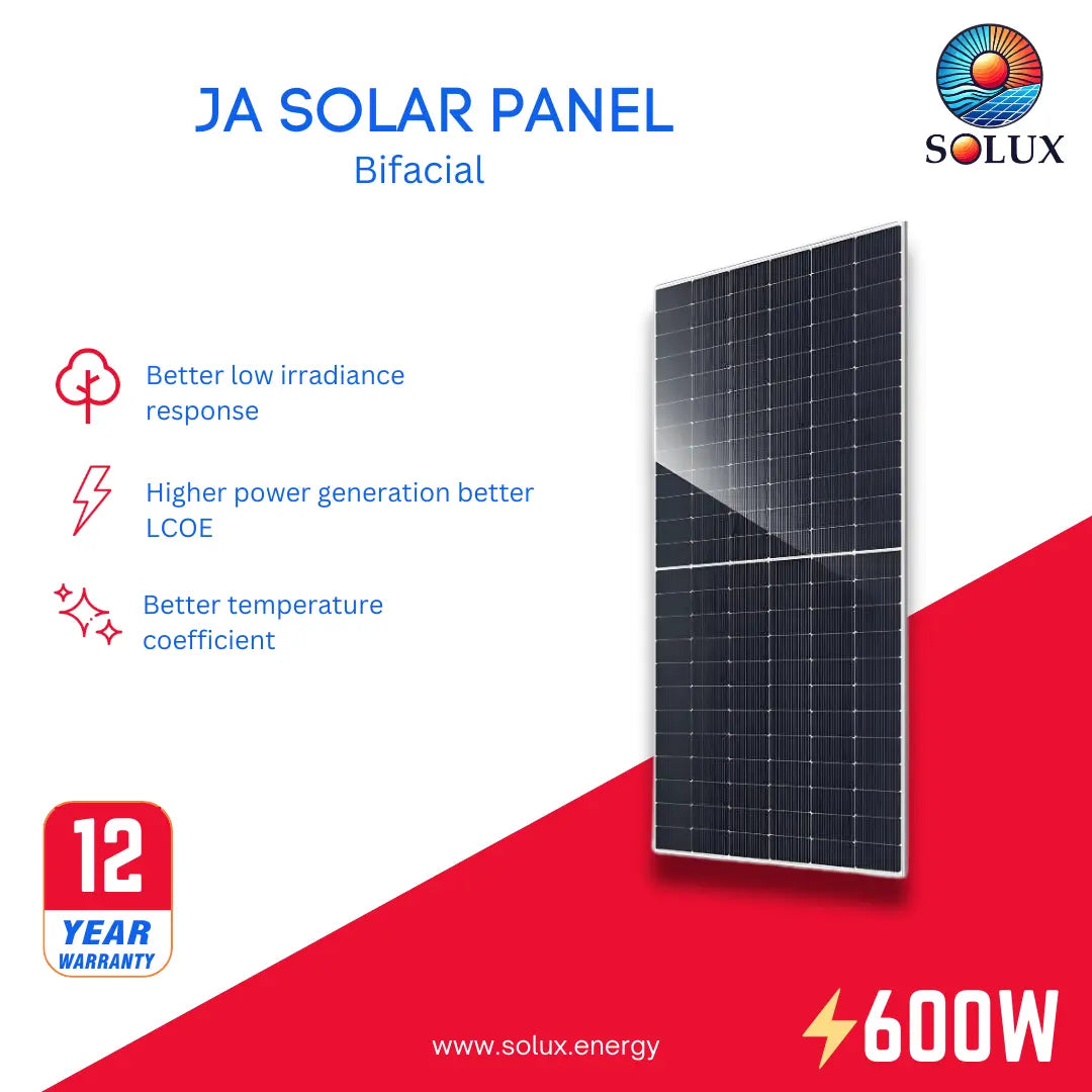 JA Bifacial Solar Panels 600W Silver Frame (JAM72D40), 600W, MBB TOPCon technology, 12-year warranty.